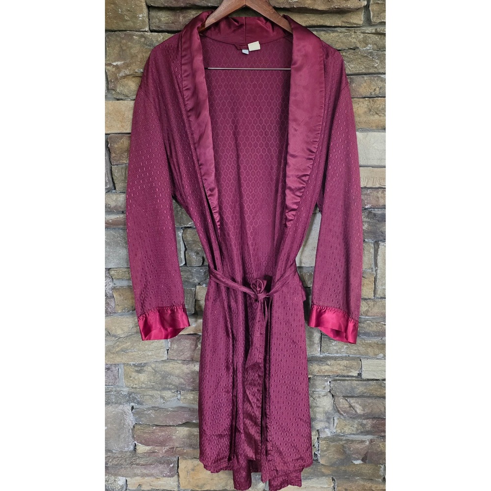 VTG Old Money Burgundy Jacquard Satin Trim Smoking Robe Shawl Collar Belted L